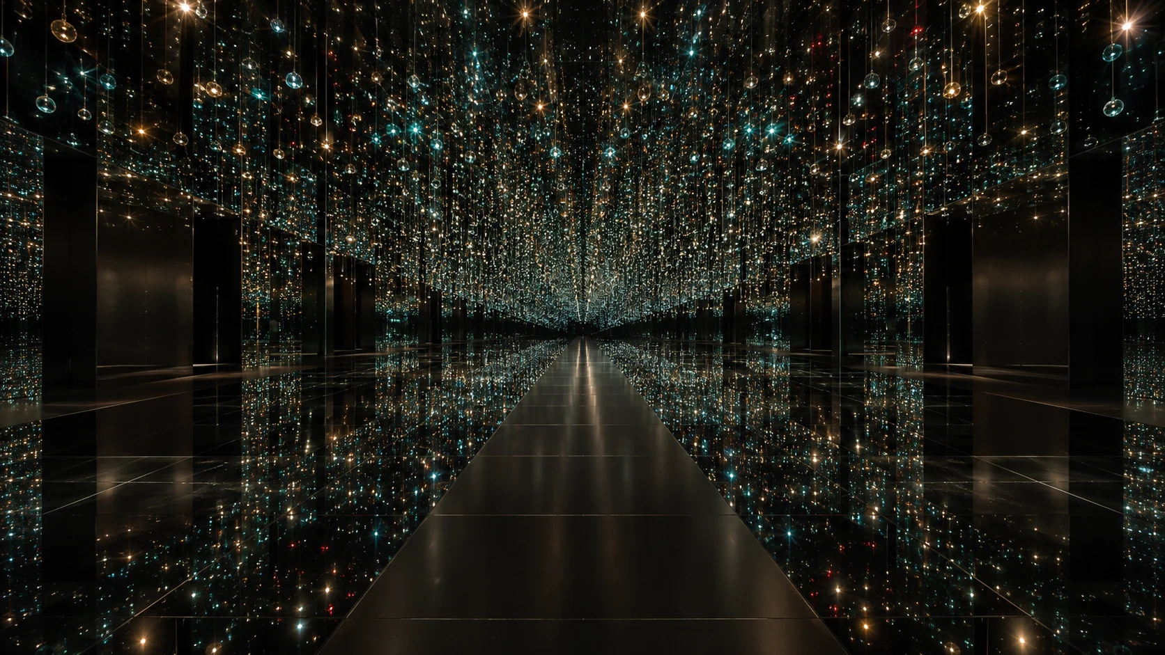 An infinite mirrored gallery filled with shimmering teal and champagne lights